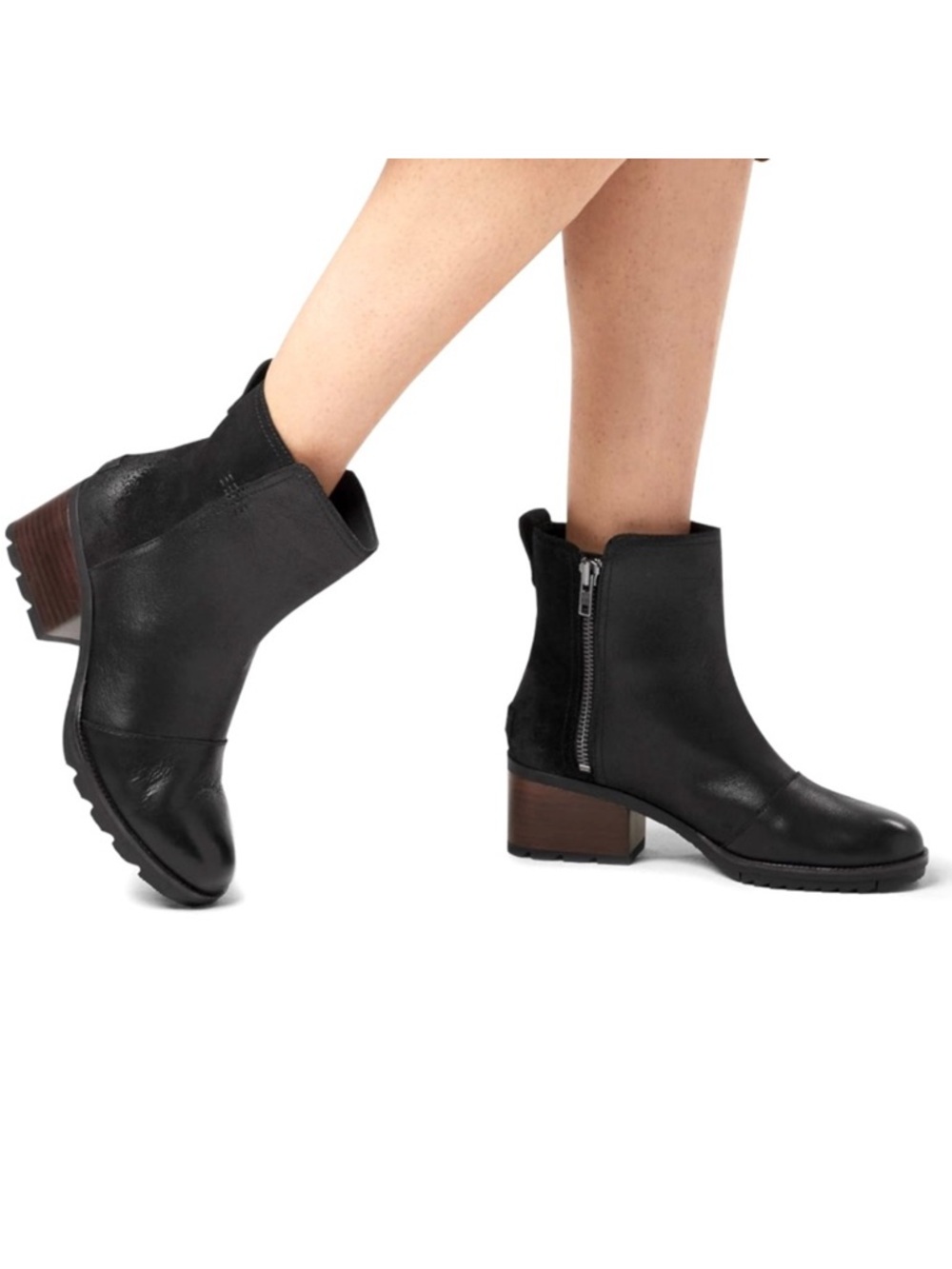 Sorel Cate Black Waterproof Leather Ankle Boots with Side Zip and Block Heel 7.5